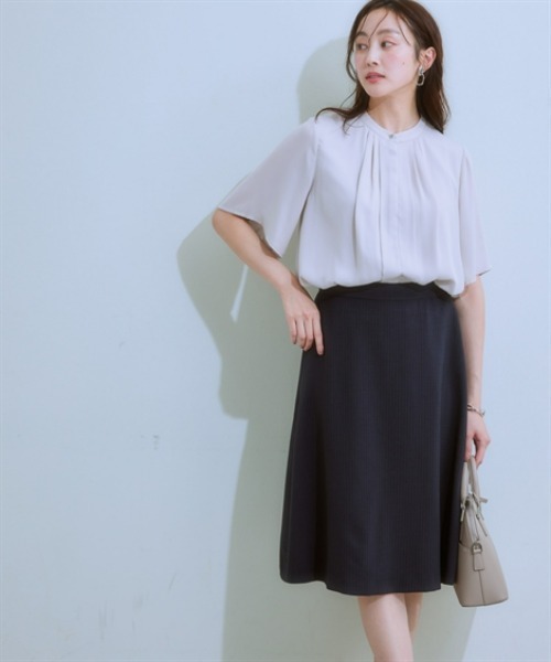 7days Life Styling（セブンデイズライフスタイリング）の「【カットソー裏地付】フロントタックジョーゼットフレア５分袖ブラウス<大きいサイズ有>（シャツ/ブラウス・レディース・ミント/オフホワイト/グレイッシュベージュ/ブラック・S/M/L/LL/3L）」の11枚目の写真