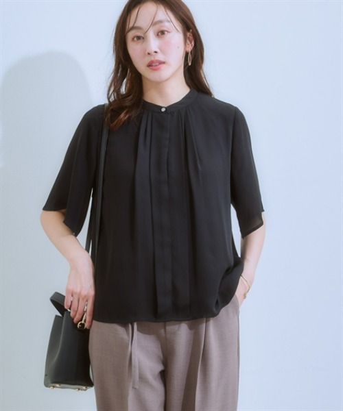 7days Life Styling（セブンデイズライフスタイリング）の「【カットソー裏地付】フロントタックジョーゼットフレア５分袖ブラウス<大きいサイズ有>（シャツ/ブラウス・レディース・ミント/オフホワイト/グレイッシュベージュ/ブラック・S/M/L/LL/3L）」の15枚目の写真