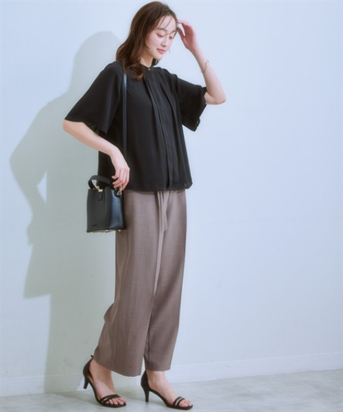 7days Life Styling（セブンデイズライフスタイリング）の「【カットソー裏地付】フロントタックジョーゼットフレア５分袖ブラウス<大きいサイズ有>（シャツ/ブラウス・レディース・ミント/オフホワイト/グレイッシュベージュ/ブラック・S/M/L/LL/3L）」の13枚目の写真