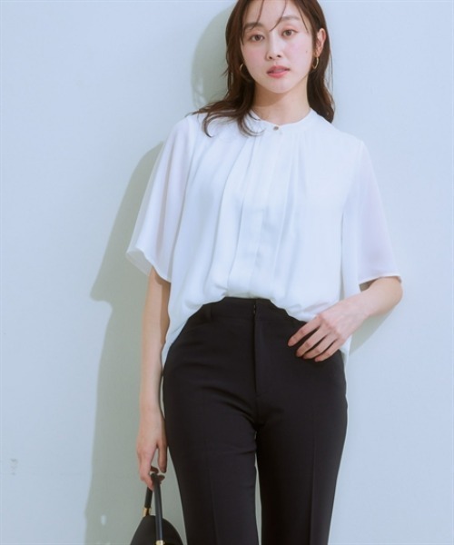 7days Life Styling（セブンデイズライフスタイリング）の「【カットソー裏地付】フロントタックジョーゼットフレア５分袖ブラウス<大きいサイズ有>（シャツ/ブラウス・レディース・ミント/オフホワイト/グレイッシュベージュ/ブラック・S/M/L/LL/3L）」の18枚目の写真