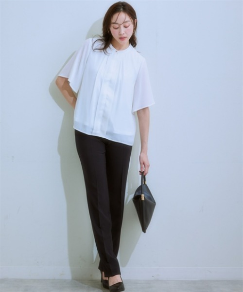 7days Life Styling（セブンデイズライフスタイリング）の「【カットソー裏地付】フロントタックジョーゼットフレア５分袖ブラウス<大きいサイズ有>（シャツ/ブラウス・レディース・ミント/オフホワイト/グレイッシュベージュ/ブラック・S/M/L/LL/3L）」の16枚目の写真