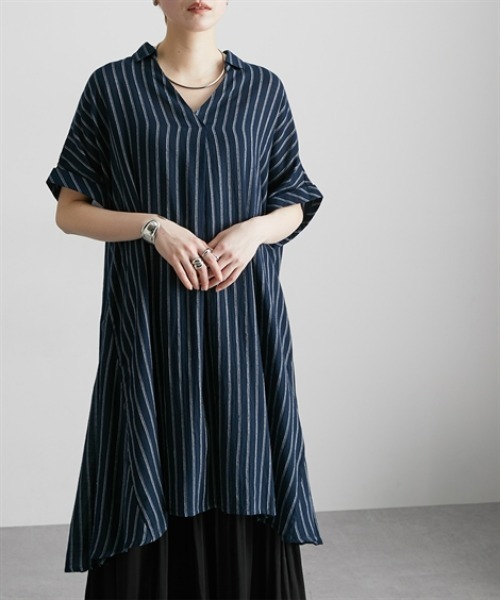 Soiunique（スワユニーク）の「スキッパー襟マルチボーダーワンピース［Soiunique］（ワンピース・レディース・カーキ系/ネイビー系・M/L/LL）」の5枚目の写真