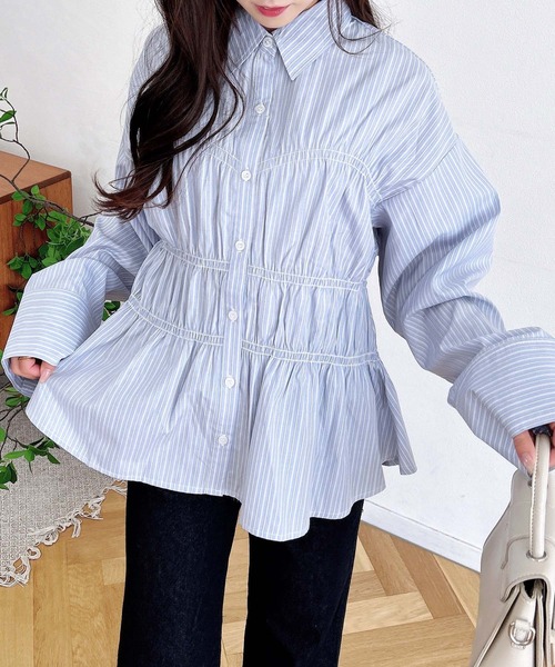 INGNI（イング）の「シャーリングビスチェシャツ（シャツ/ブラウス・レディース・サックスブルー/オフホワイト/ブルー系1・M）」の3枚目の写真