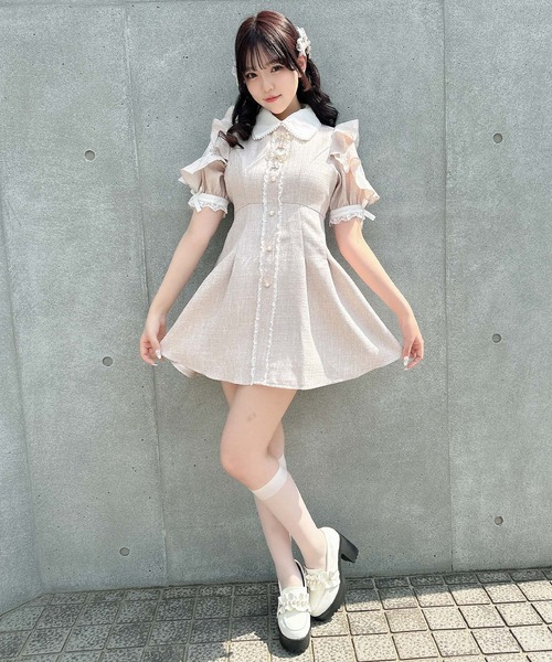 セール】ダブルリボンツイード半袖ワンピース（ワンピース