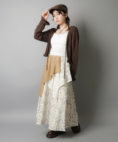 cawaiiオリジナル「mori」 ロングスカート　森ガール➕お花トップス ロングスカート/レースレイヤード/小花柄/NEO森ガール（スカート