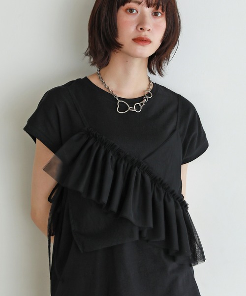shetila(シェティラ)の「【サイズ調整可能】アシメチュールフリルビスチェ 無地&チェック(キャミソール・レディース・レッド/ブラック/アイボリー/グレー/ブルー/ブラウン/ピンク/ブラック系/ブルー系・F)」の3枚目の写真