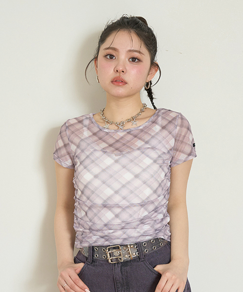 Mi-je(ミジェ)の「チェックシアー半袖インナー【韓国ファッション】(Tシャツ/カットソー・レディース・ライトブルー/ピンク・F)」の2枚目の写真