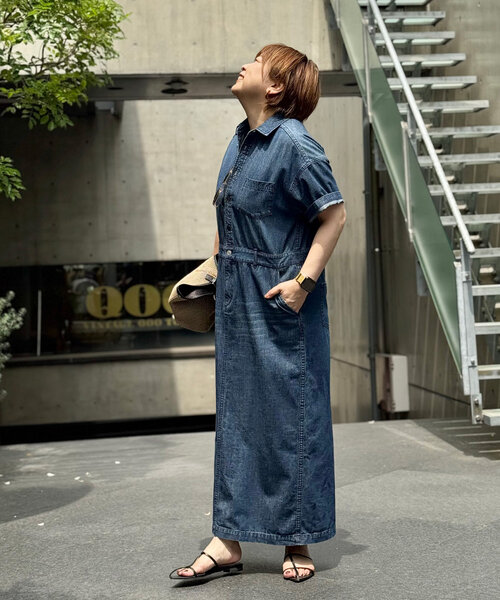 リヴドロワ　MONN×Yoshiiiiiiコラボ半袖デニムシャツワンピ36ブルー リヴドロワ MONN×Yoshiiiiiiコラボ半袖デニムシャツワンピ36ブルー