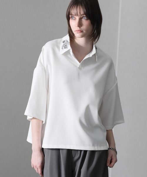 welise（ウェライズ）の「【welise/ウェライズ】Flower "Embroidery"ショートスキッパーシャツ（シャツ/ブラウス・メンズ・ホワイト/ブラック/グレー・S/M/L）」の5枚目の写真