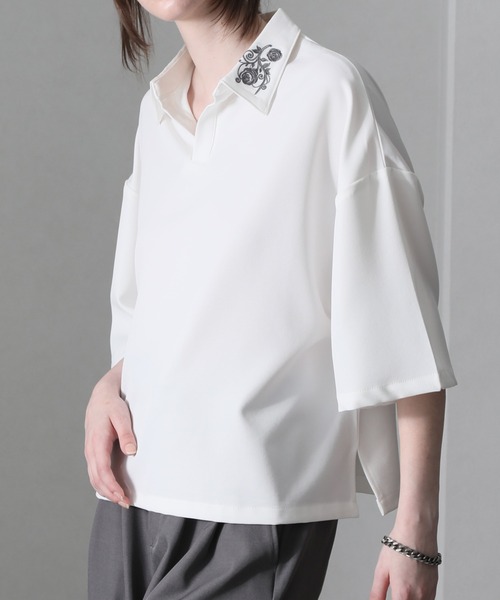 welise（ウェライズ）の「【welise/ウェライズ】Flower "Embroidery"ショートスキッパーシャツ（シャツ/ブラウス・メンズ・ホワイト/ブラック/グレー・S/M/L）」の6枚目の写真