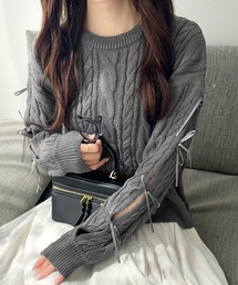 【mily bilet】リボンで仕込む♪上品フェミニン。袖リボンケーブル編みニットプルオーバー