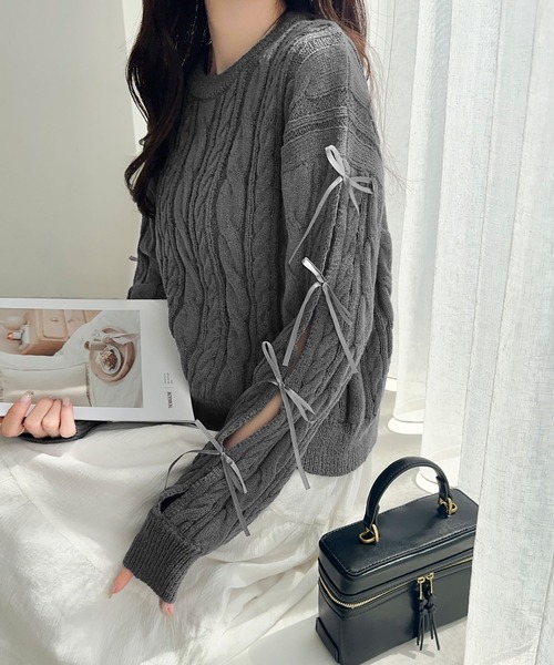 mily bilet(ミウィビレット)の「【mily bilet】リボンで仕込む♪上品フェミニン。袖リボンケーブル編みニットプルオーバー(ニット/セーター・レディース・ブラウン/バーガンディー/アイボリー/チャコールグレー・LARGE/MEDIUM/SMALL/X-LARGE)」の17枚目の写真