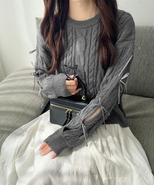 mily bilet(ミウィビレット)の「【mily bilet】リボンで仕込む♪上品フェミニン。袖リボンケーブル編みニットプルオーバー(ニット/セーター・レディース・ブラウン/バーガンディー/アイボリー/チャコールグレー・LARGE/MEDIUM/SMALL/X-LARGE)」の16枚目の写真