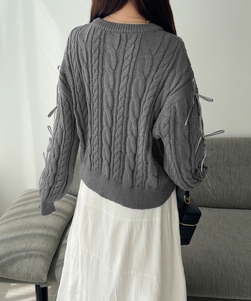 mily bilet(ミウィビレット)の「【mily bilet】リボンで仕込む♪上品フェミニン。袖リボンケーブル編みニットプルオーバー(ニット/セーター・レディース・ブラウン/バーガンディー/アイボリー/チャコールグレー・LARGE/MEDIUM/SMALL/X-LARGE)」の14枚目の写真