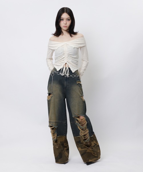 SPIRALGIRL（スパイラルガール）の「ダメージカモフラ切り替えワイドパンツ（デニムパンツ・レディース・ブルー・MEDIUM/SMALL）」の4枚目の写真