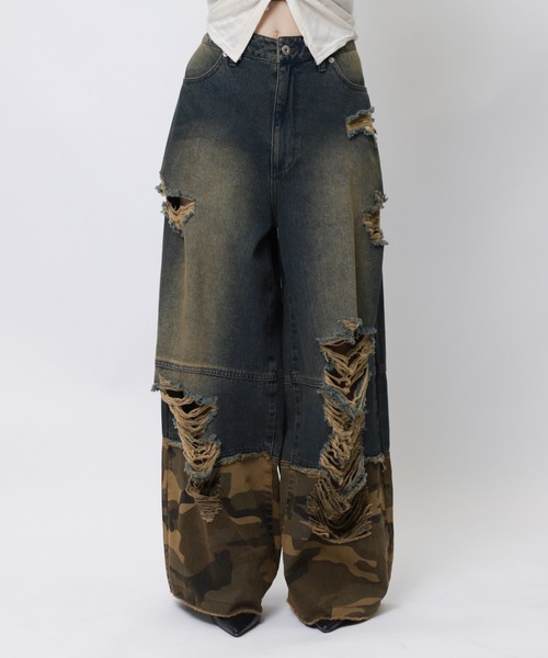 SPIRALGIRL（スパイラルガール）の「ダメージカモフラ切り替えワイドパンツ（デニムパンツ・レディース・ブルー・MEDIUM/SMALL）」の7枚目の写真