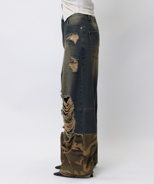 SPIRALGIRL（スパイラルガール）の「ダメージカモフラ切り替えワイドパンツ（デニムパンツ・レディース・ブルー・MEDIUM/SMALL）」の8枚目の写真