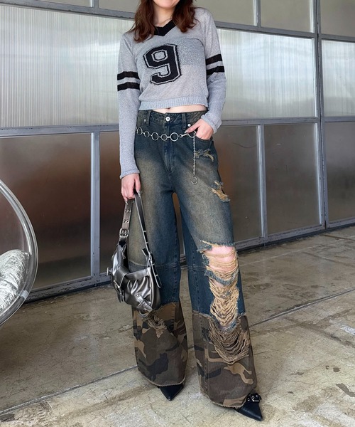 SPIRALGIRL（スパイラルガール）の「ダメージカモフラ切り替えワイドパンツ（デニムパンツ・レディース・ブルー・MEDIUM/SMALL）」の11枚目の写真