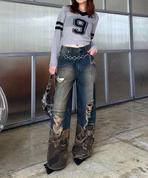 SPIRALGIRL（スパイラルガール）の「ダメージカモフラ切り替えワイドパンツ（デニムパンツ・レディース・ブルー・MEDIUM/SMALL）」の13枚目の写真