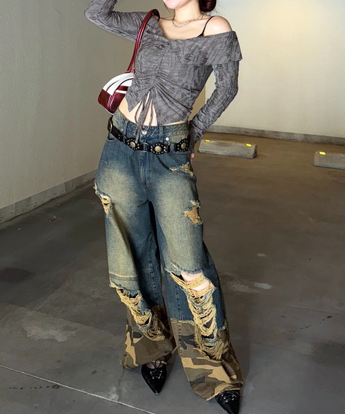 SPIRALGIRL（スパイラルガール）の「ダメージカモフラ切り替えワイドパンツ（デニムパンツ・レディース・ブルー・MEDIUM/SMALL）」の20枚目の写真