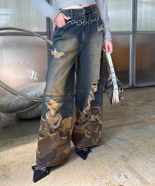 SPIRALGIRL（スパイラルガール）の「ダメージカモフラ切り替えワイドパンツ（デニムパンツ・レディース・ブルー・MEDIUM/SMALL）」の22枚目の写真