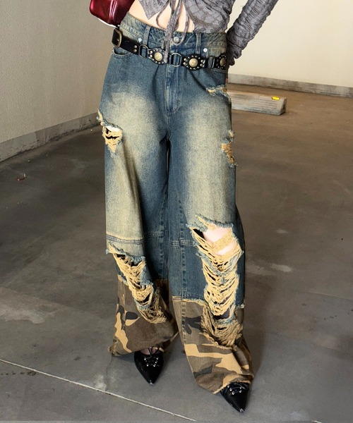 SPIRALGIRL（スパイラルガール）の「ダメージカモフラ切り替えワイドパンツ（デニムパンツ・レディース・ブルー・MEDIUM/SMALL）」の21枚目の写真