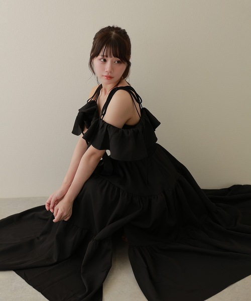 M DOLLY(エムドリー)の「*M DOLLY original* ribbon nuance tiered dress/リボンニュアンスティアードドレス(ワンピース・レディース・ブラック/ベージュ・FREE)」の5枚目の写真