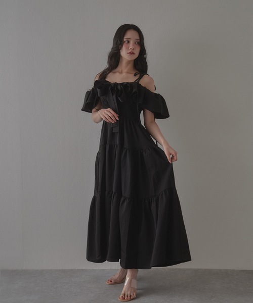 M DOLLY(エムドリー)の「*M DOLLY original* ribbon nuance tiered dress/リボンニュアンスティアードドレス(ワンピース・レディース・ブラック/ベージュ・FREE)」の9枚目の写真