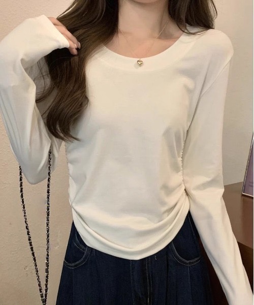 SHEPP（シープ）の「サイド シャーリング ウエストシェイプロンT/スタイルアップ スリムフィット（Tシャツ/カットソー・レディース・ホワイト/ライトグレー/ブラック・S/M）」の7枚目の写真
