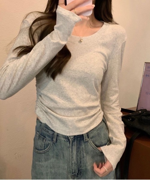 SHEPP（シープ）の「サイド シャーリング ウエストシェイプロンT/スタイルアップ スリムフィット（Tシャツ/カットソー・レディース・ホワイト/ライトグレー/ブラック・S/M）」の14枚目の写真
