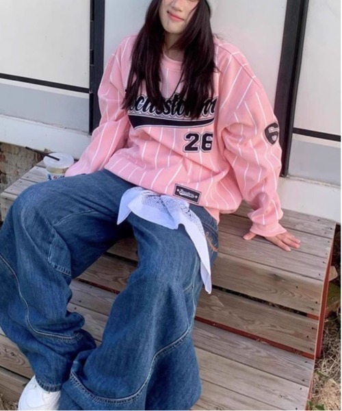 WEGO（ウィゴー）の「WEGO/ゲームストライプロンTスウェット（スウェット・レディース・ホワイト/ピンク・MEDIUM/LARGE）」の2枚目の写真