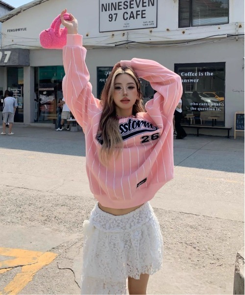 WEGO（ウィゴー）の「WEGO/ゲームストライプロンTスウェット（スウェット・レディース・ホワイト/ピンク・MEDIUM/LARGE）」の16枚目の写真