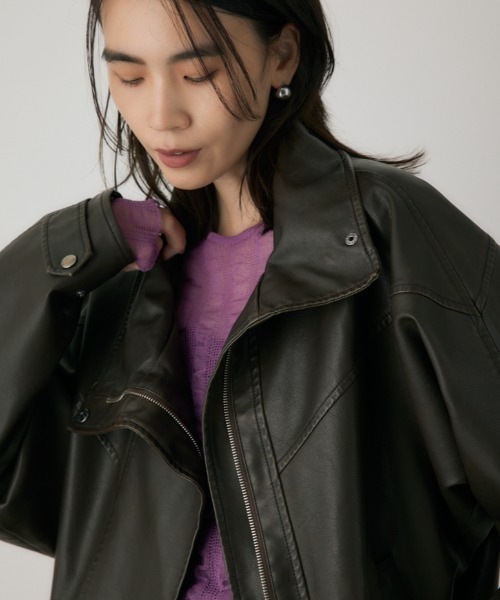 crie conforto(クリーコンフォルト)の「スタンドカラーフェイクレザージャケット 冬服 / アウター(ライダースジャケット・レディース・ブラウン/ブラック・FREE)」の1枚目の写真