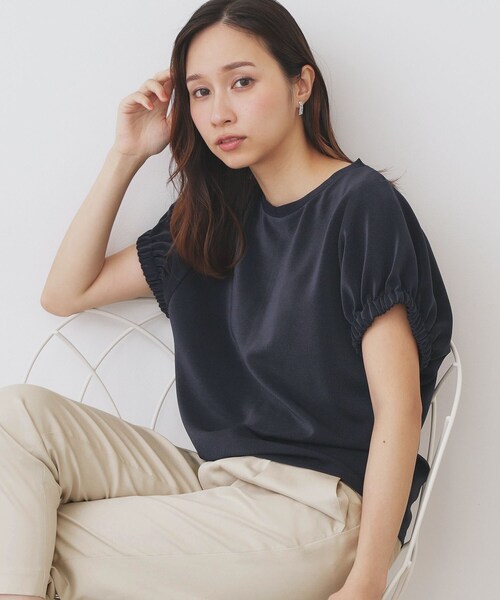 index(インデックス)の「ドルマンショートトップス【洗濯機洗い可】(Tシャツ/カットソー・レディース・ライトイエロー系/オフホワイト/ネイビー・00)」の2枚目の写真