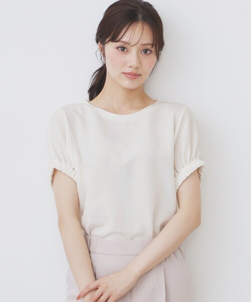 index(インデックス)の「ドルマンショートトップス【洗濯機洗い可】(Tシャツ/カットソー・レディース・ライトイエロー系/オフホワイト/ネイビー・00)」の1枚目の写真