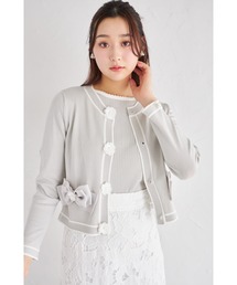 RING オフホワイト　ノーカラージャケット風カーディガン quaranciel:〈手洗い可能〉ノーカラー ポケット ニット