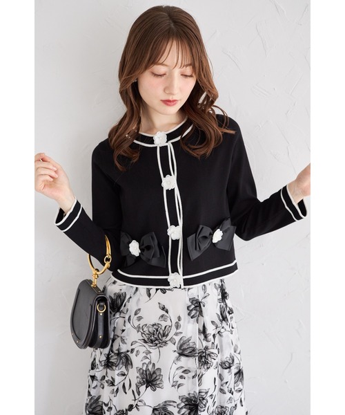 tocco closet（トッコ　クローゼット）の「フラワーモチーフ＆リボン付きバイカラーニットカーディガン（カーディガン/ボレロ・レディース・オフホワイト/グレー/ブラック・M）」の9枚目の写真