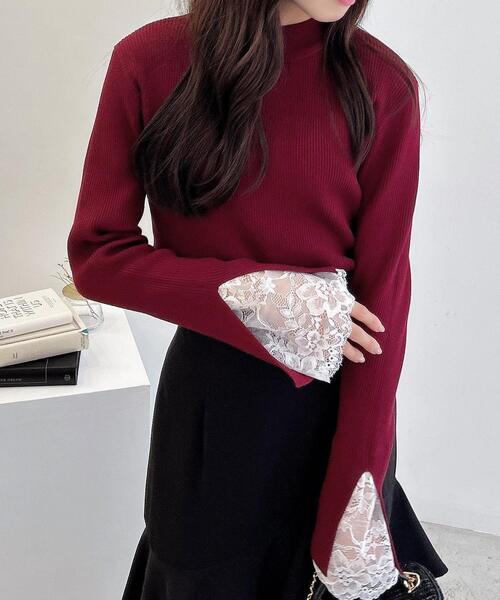 INGNI（イング）の「袖スリットレースニット（ニット/セーター・レディース・ブラック/アイボリー/チャコールグレー/ボルドー・M）」の4枚目の写真