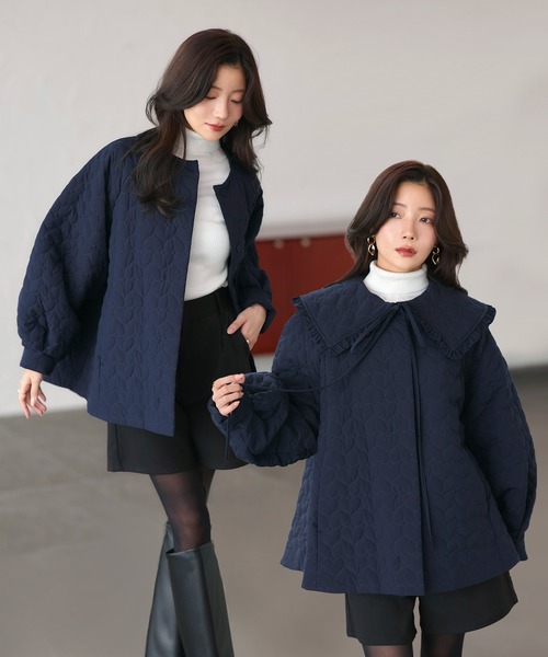 RUIRUE BOUTIQUE(ルイルエブティック)の「襟付き 中綿 キルティング Aラインコート | アウター / コート / ロングコート / ノーカラーコート / エコダウン / ビッグカラーコート / キルティングコート(その他アウター・レディース・ブラック/ネイビー・L/M)」の2枚目の写真