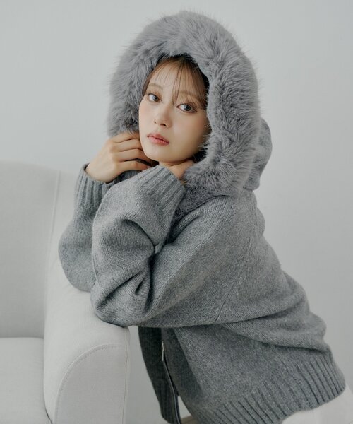 SALON by Chico】フードファーWジップニットカーディガン（ニット