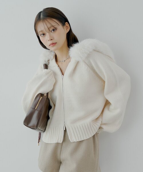 SALON by Chico】フードファーWジップニットカーディガン（ニット
