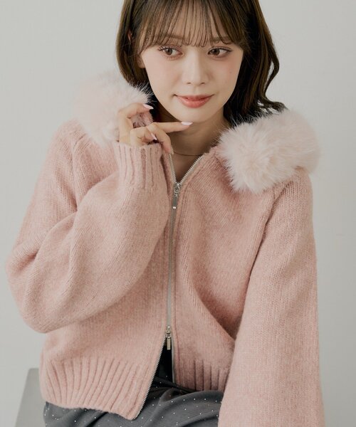 Chico（チコ）の「【SALON by Chico】フードファーWジップニット