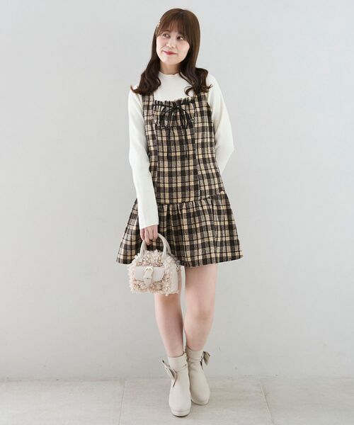 MAJESTIC LEGON(マジェスティックレゴン)の「フロントリボンチェックミニジャンスカ(ジャンパースカート・レディース・ホワイト系その他2/ブラウン系その他2・MEDIUM)」の10枚目の写真