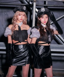 Tika(ティカ)のコスプレ 警官 セクシー ポリス 制服 ふわふわトップス レザー タイト ミニスカート 8点セット ハロウィン(コスチューム/パーティーグッズ)