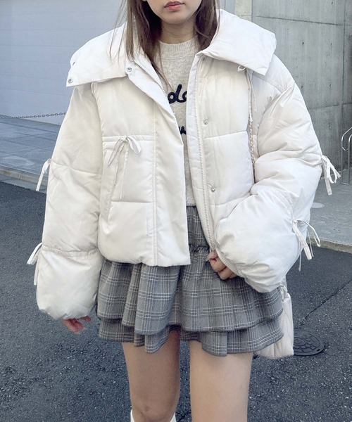 セール】♪散りばめリボン 2WAYビッグ衿 ボリューム中綿ブルゾン