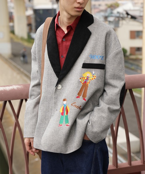 セール】HOOK -original- レトロ調人物刺繍異素材襟テーラード