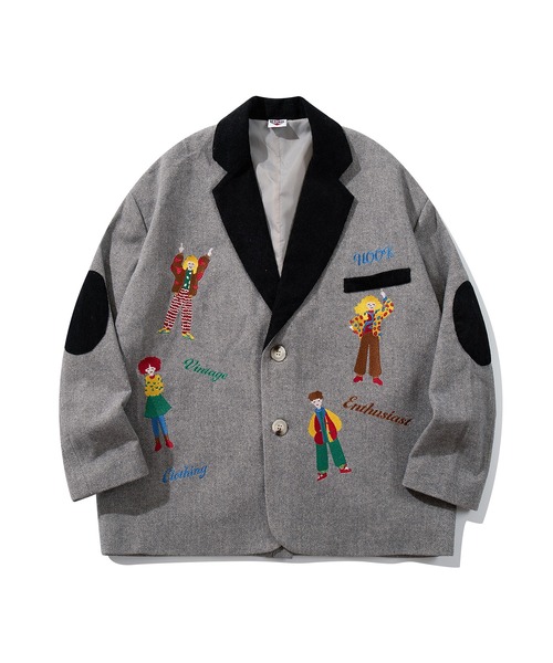 HOOK（フック）の「HOOK -original-　レトロ調人物刺繍異素材襟テーラードジャケット（テーラードジャケット・メンズ・グレー・L/M/XL）」の2枚目の写真