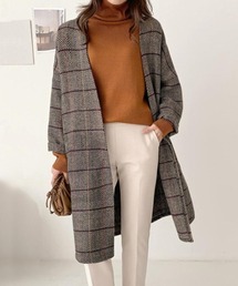 レディースのノーカラージャケット（ブラウン/茶色系・チェック柄