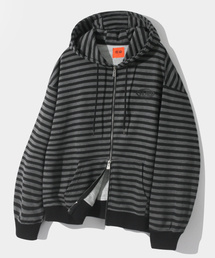 DIMITRI BLACK（ディミトリブラック）の「VLAD ストライプロゴ フードパーカー ジップアップ_ブラック&グレー（パーカー・メンズ）」