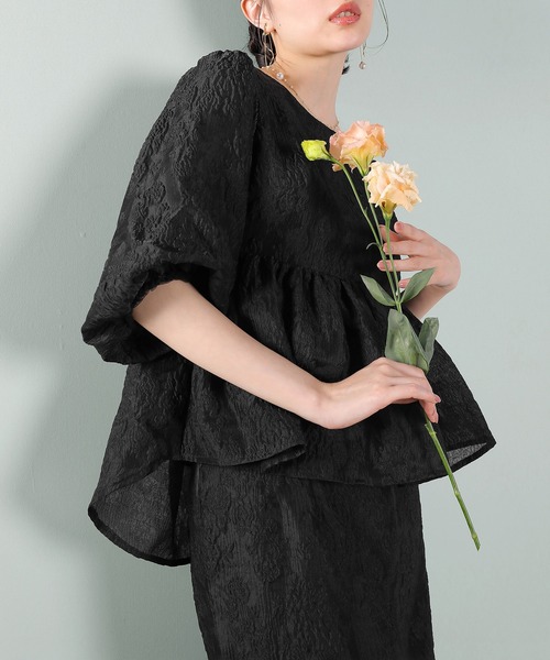 Kana（カナ）の「ジャガード バルーン スリーブ ブラウス Iラインスカート2点セット パーティードレス オケージョンドレス 結婚式 お呼ばれ（ドレス・レディース・ブラック/ネイビー/ライトグレー・M/S）」の8枚目の写真